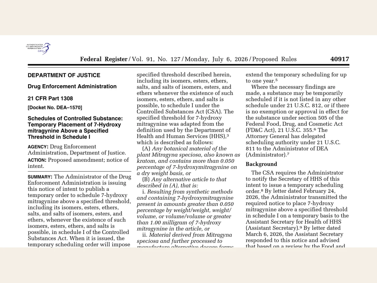 First page of the DEA Federal Register notice showing the proposed 7-OH Schedule I threshold.