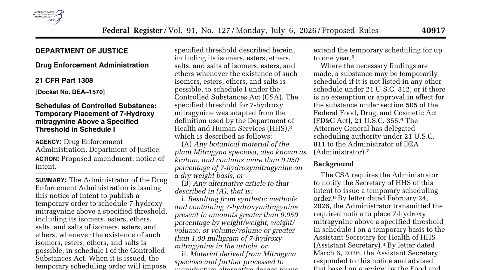 First page of the DEA Federal Register notice showing the proposed 7-OH Schedule I threshold.
