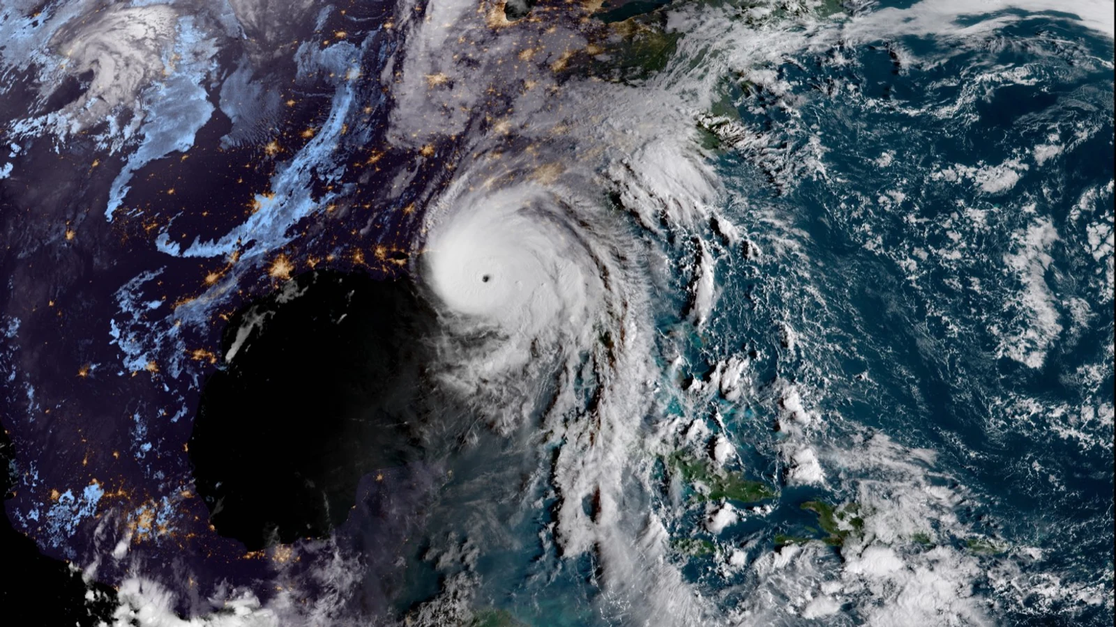 Hurricane Michael’s eye and spiral cloud bands seen from a NOAA satellite over the Gulf of Mexico.