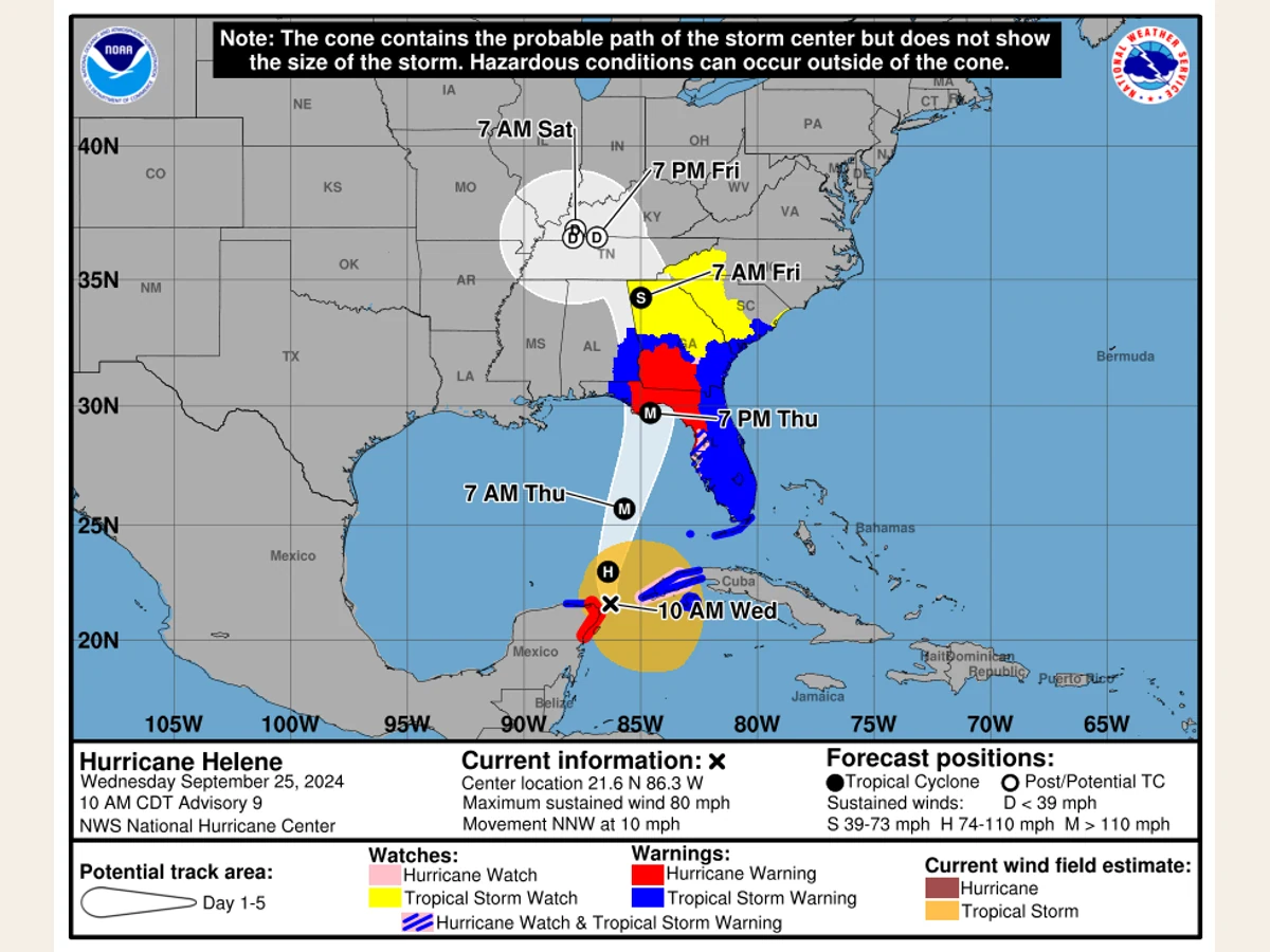 National Hurricane Center example of a five-day forecast cone with coastal watches and warnings.