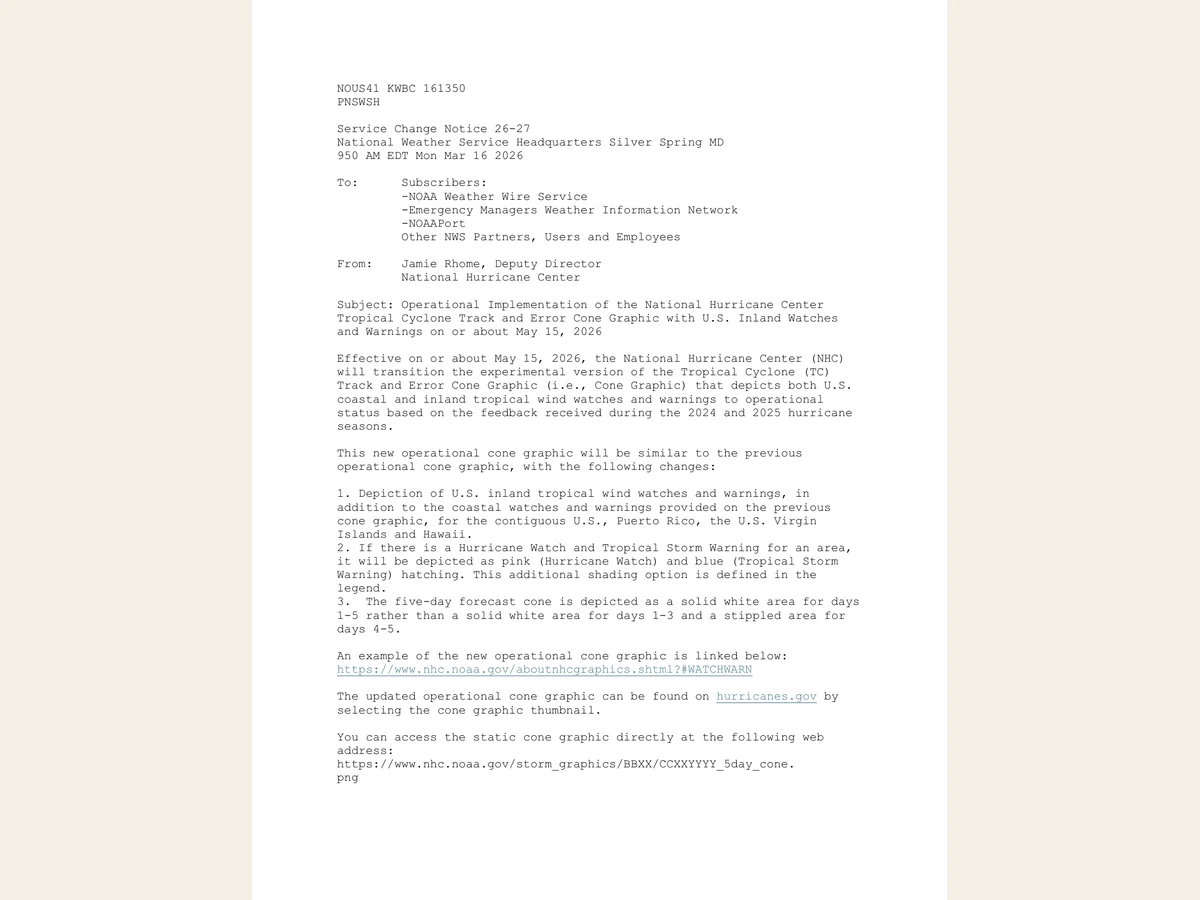 First page of the National Weather Service notice implementing inland watches and warnings on the 2026 hurricane cone graphic.