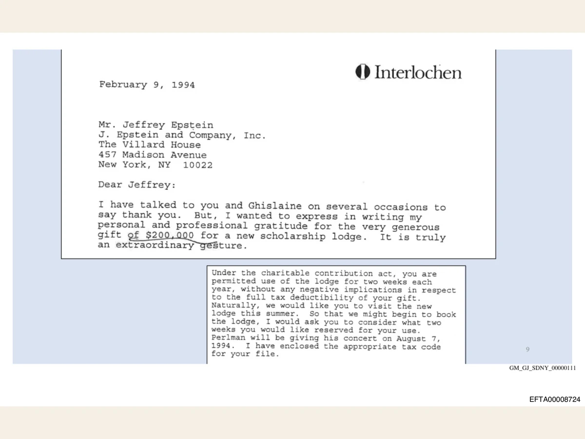 Federal grand-jury exhibit showing excerpts from Interlochen’s February 1994 letter thanking Jeffrey Epstein for a $200,000 scholarship-lodge gift and allowing two weeks of lodge use each year.
