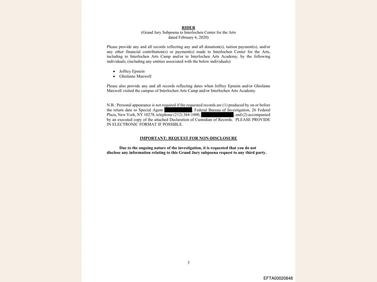 Page from a February 2020 federal grand-jury subpoena seeking Interlochen records concerning Epstein and Maxwell donations, tuition payments and campus visits.