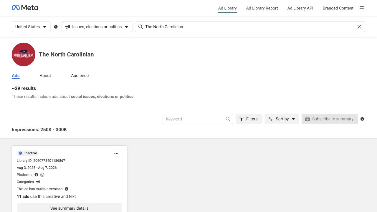 Meta Ad Library result screen for The North Carolinian showing approximately 29 results and 250,000 to 300,000 impressions.