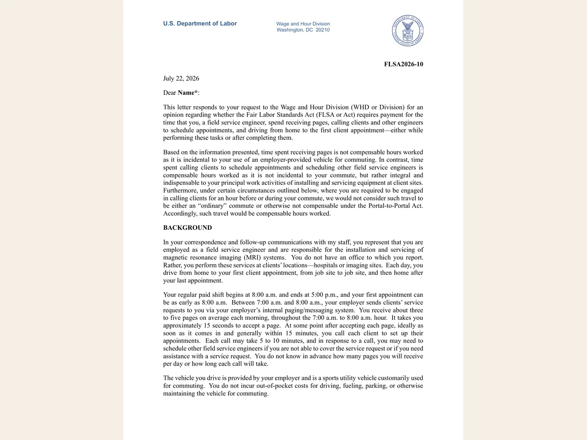 First page of Labor Department opinion letter FLSA2026-10, dated July 22, 2026.