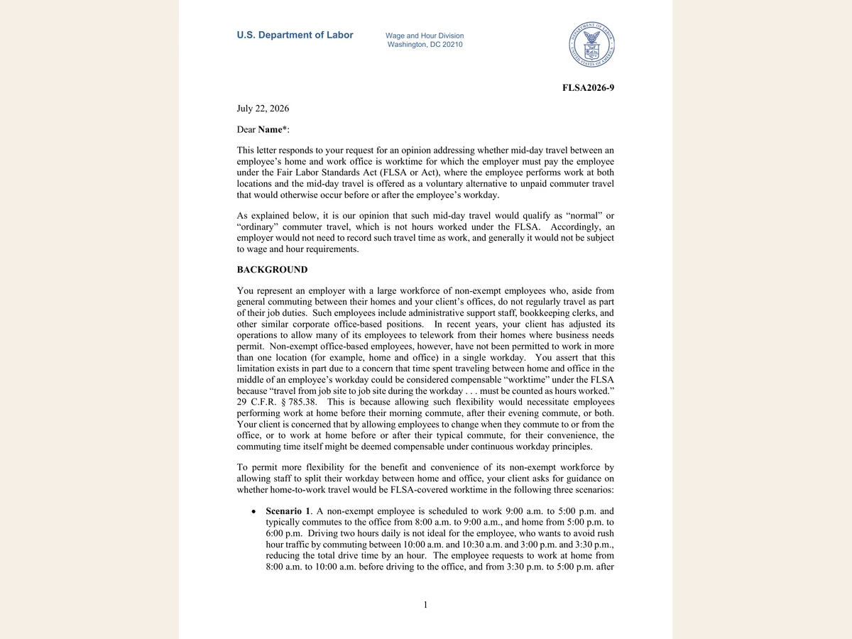 First page of Labor Department opinion letter FLSA2026-9, dated July 22, 2026.