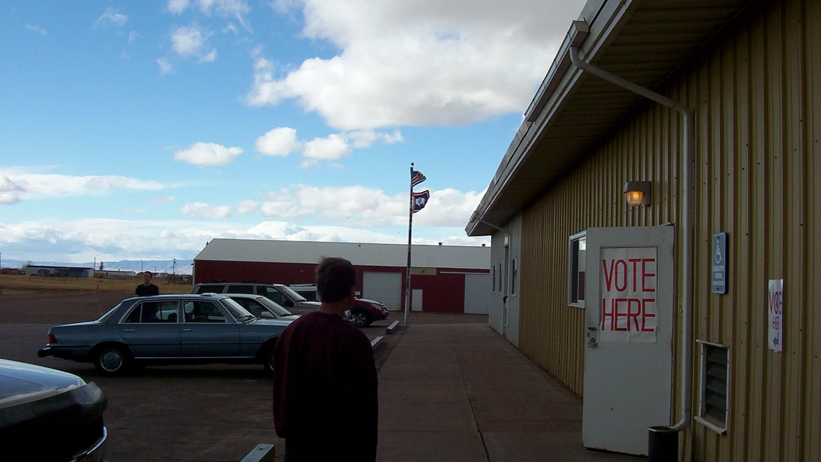 Voters and election workers inside a Wyoming polling place at the Albany County Fairgrounds.