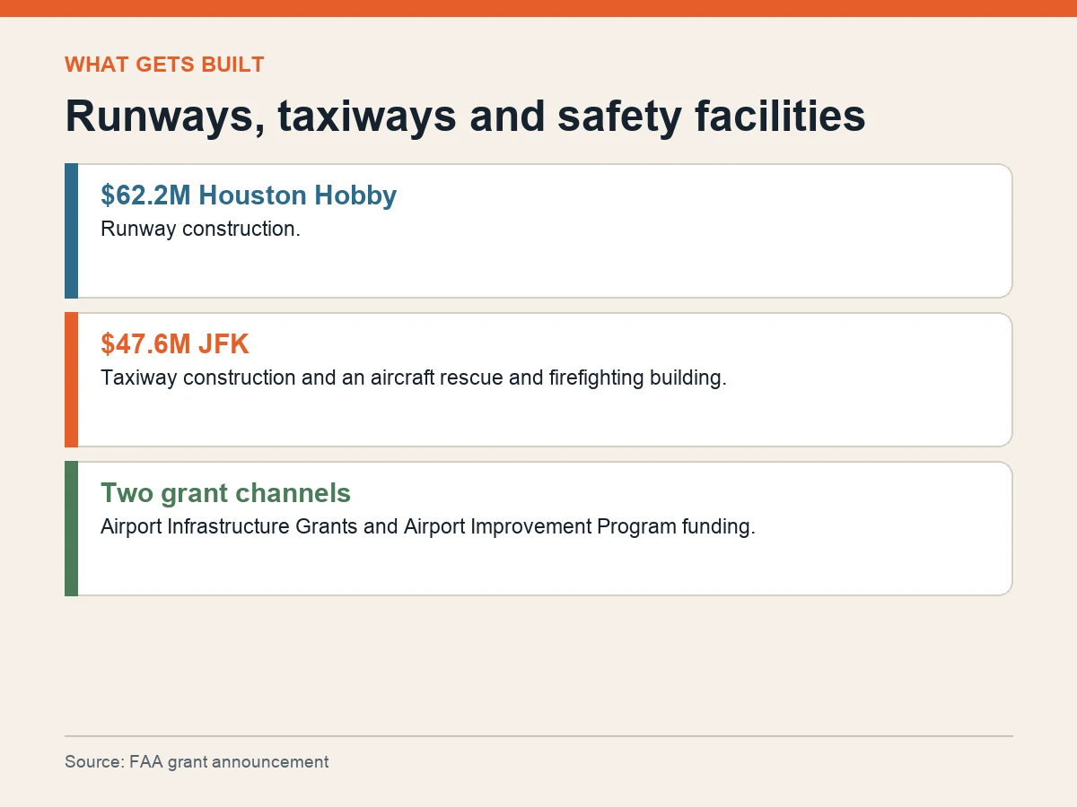 Graphic lists runway construction at Houston Hobby, taxiway and rescue-building work at JFK, and the two federal grant channels.