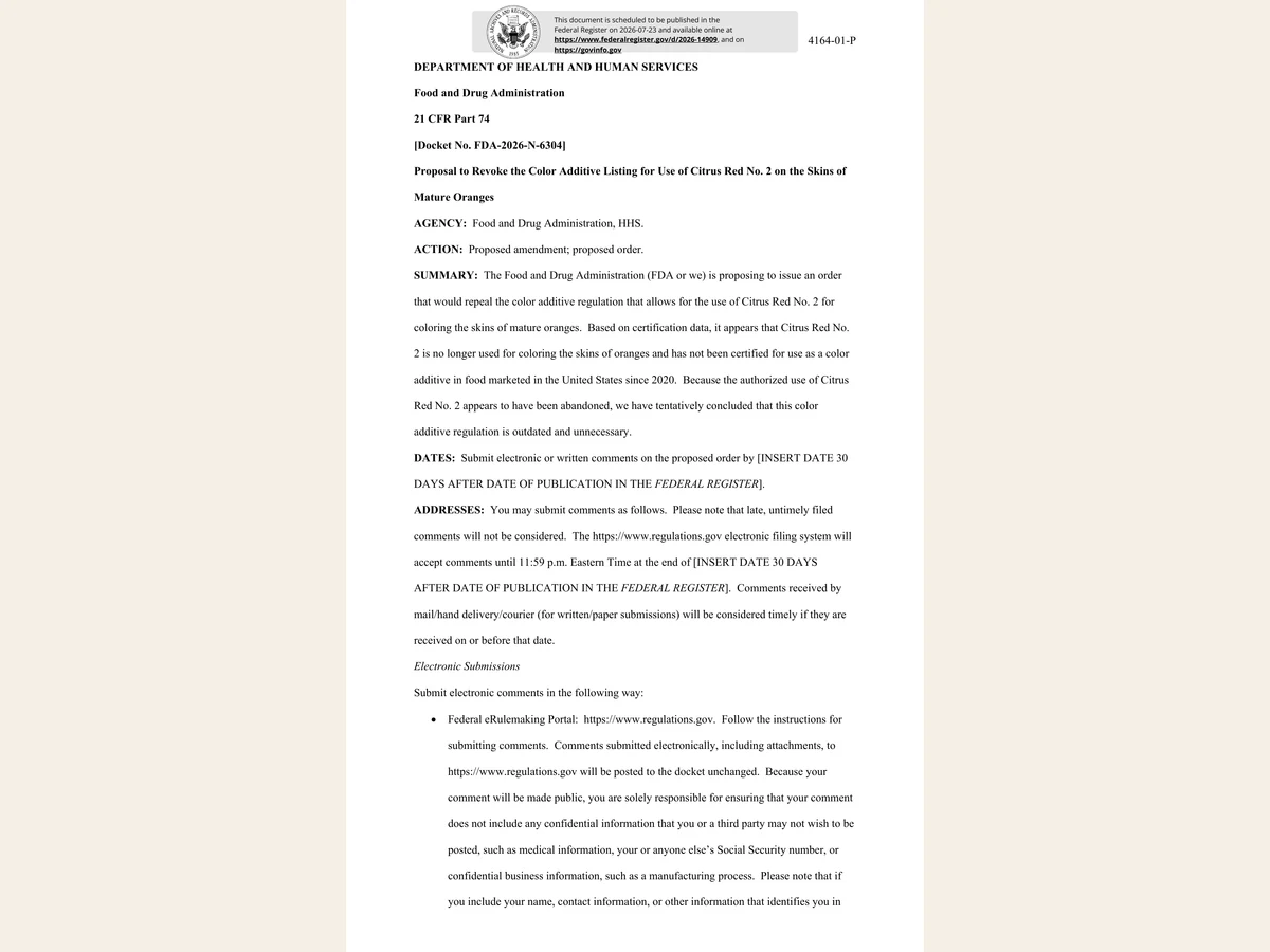 First page of FDA’s 2026 proposal to revoke the Citrus Red No. 2 authorization for mature orange skins.