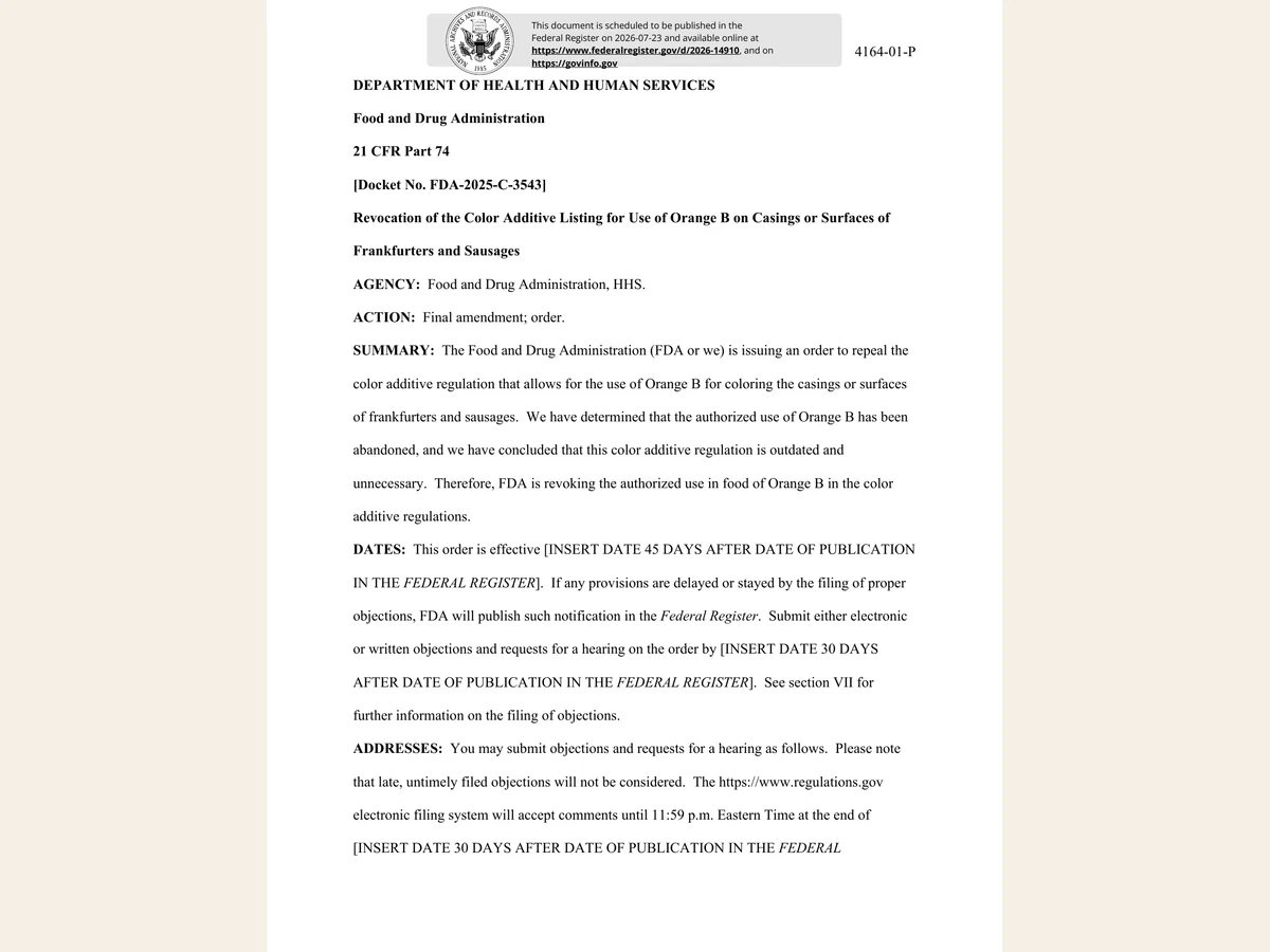 First page of FDA’s 2026 final order revoking the Orange B food-color authorization.