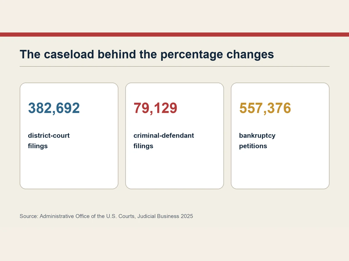 Graphic shows 382,692 district filings, 79,129 criminal defendants and 557,376 bankruptcy petitions.