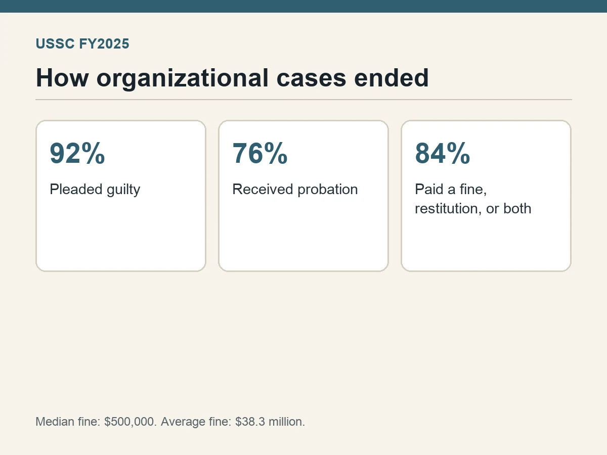 Graphic shows 92% pleaded guilty, 76% received probation and 84% paid a fine or restitution.