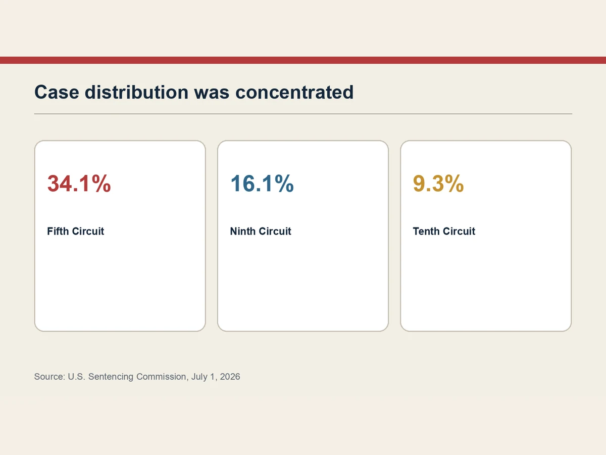 Graphic shows the Fifth, Ninth and Tenth Circuits’ shares of cases.