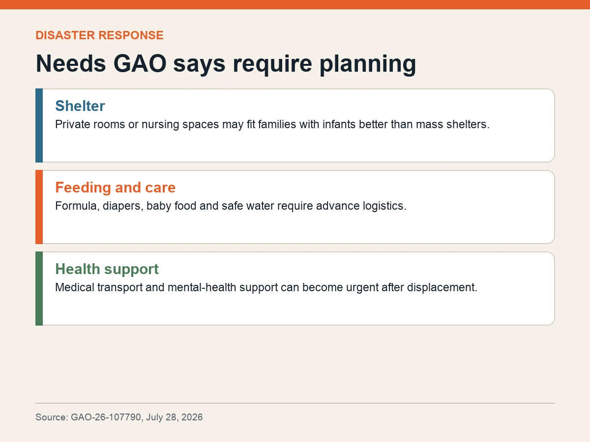 Graphic groups family disaster needs into shelter, feeding and care, and health support.
