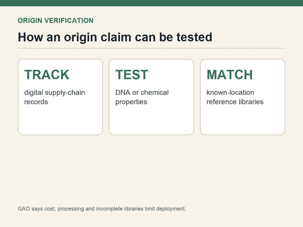 Graphic explains digital tracking, analytical testing and reference-library matching.