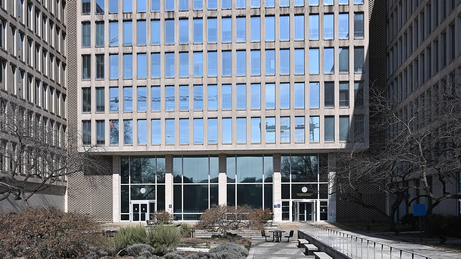 The entrance and courtyard of the U.S. Office of Personnel Management headquarters in Washington.