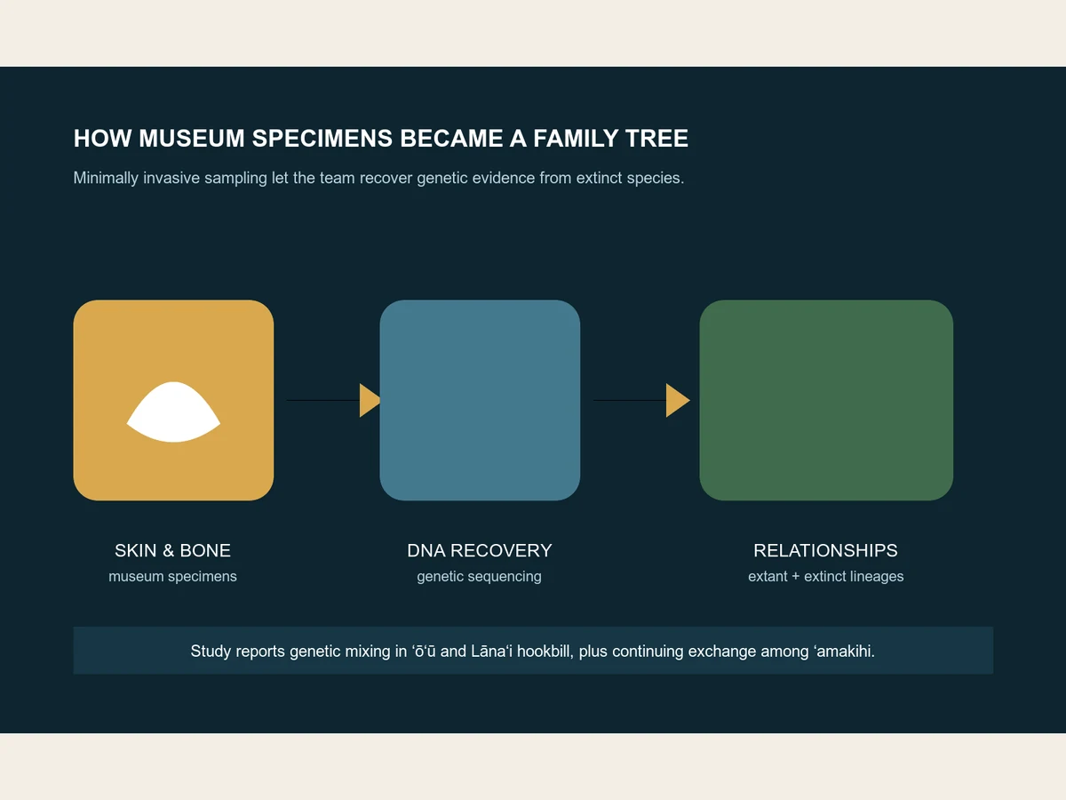 Graphic explains how researchers sampled museum skins and fossil bones, recovered DNA and built relationships among living and extinct honeycreepers.
