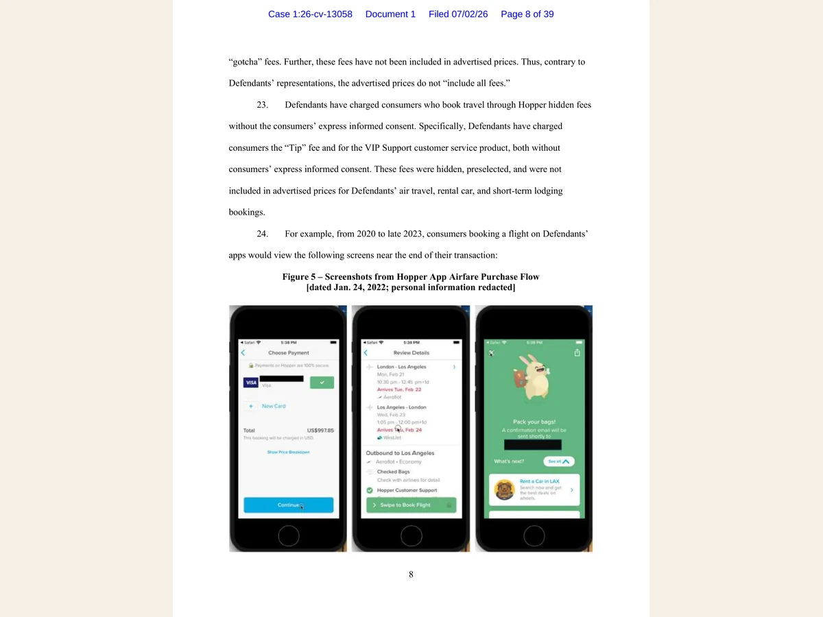 Page 8 of the FTC complaint shows three Hopper app screens and describes allegedly hidden, preselected Tip and VIP Support fees.