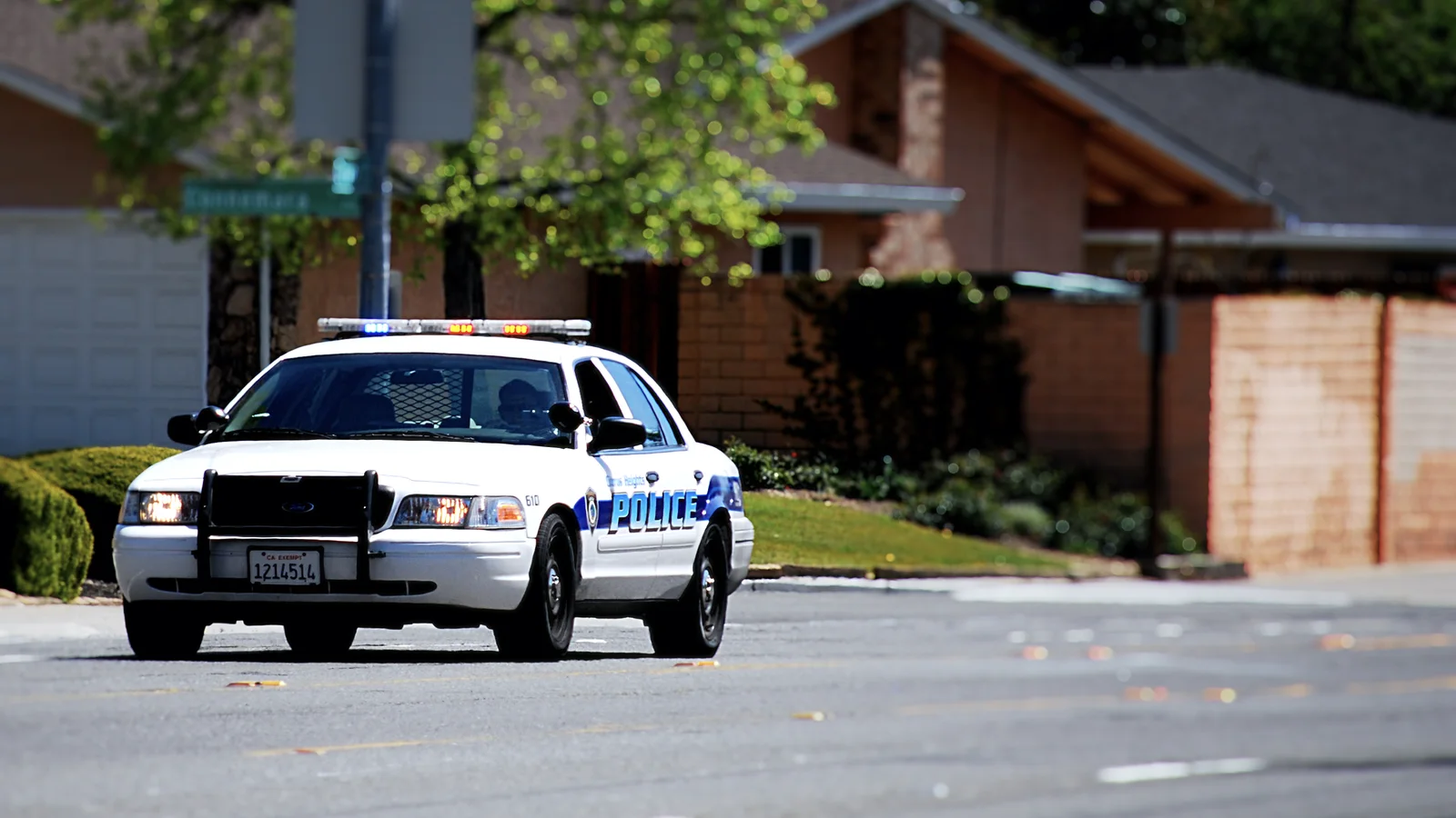 Marked police patrol car parked outdoors in daylight.