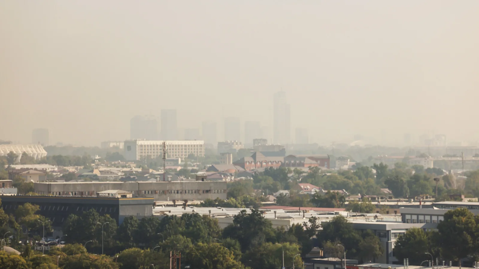 Tashkent's low-rise neighborhoods and distant high-rises seen under a hazy sky.