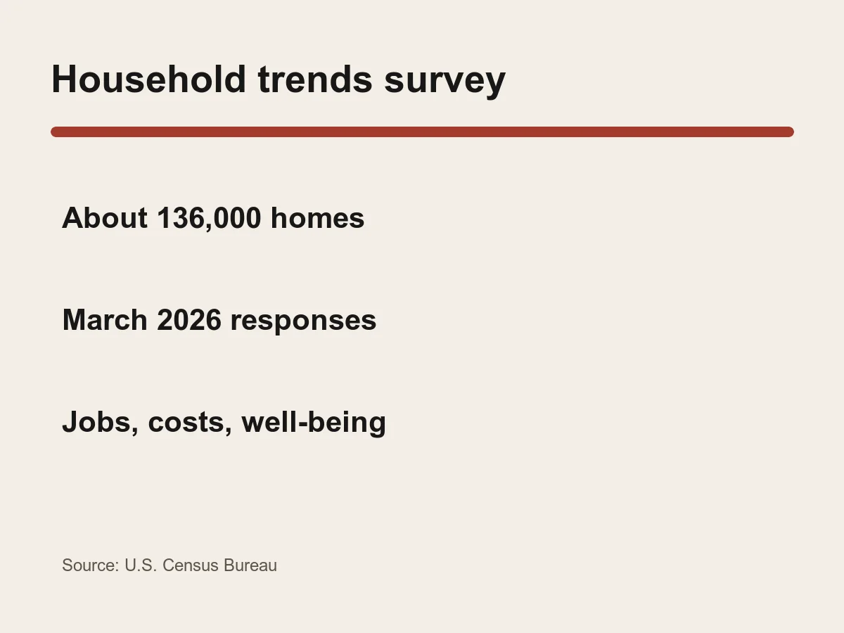 Graphic lists about 136,000 households and survey topics including employment, expenses, energy and well-being.