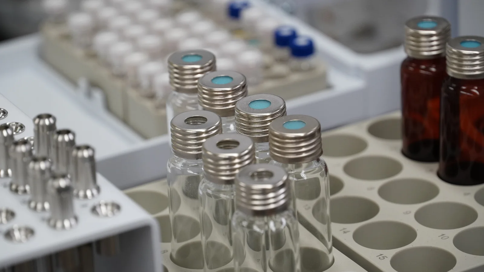 Rows of labeled laboratory vials stand in fitted metal trays on a work surface.