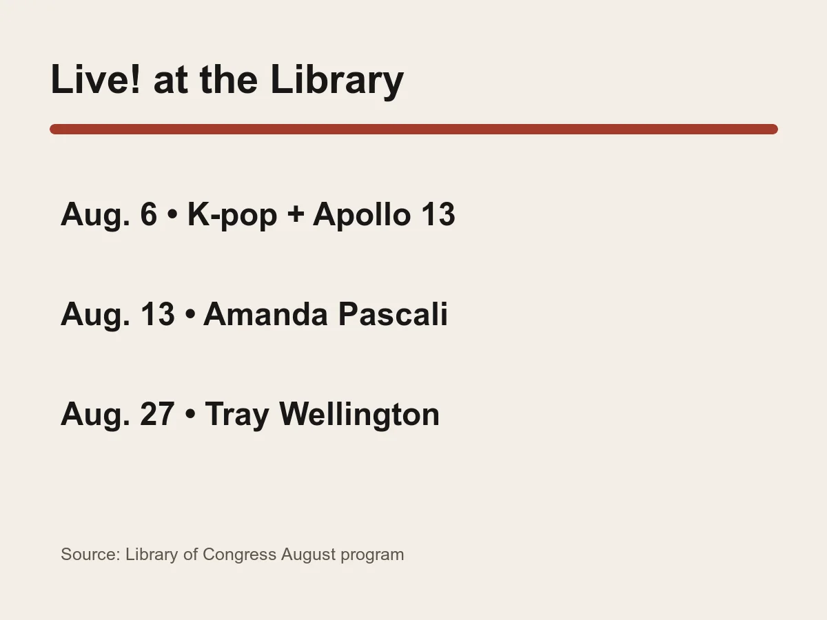 Graphic lists K-pop and Apollo 13 on Aug. 6, Amanda Pascali on Aug. 13 and Tray Wellington on Aug. 27.