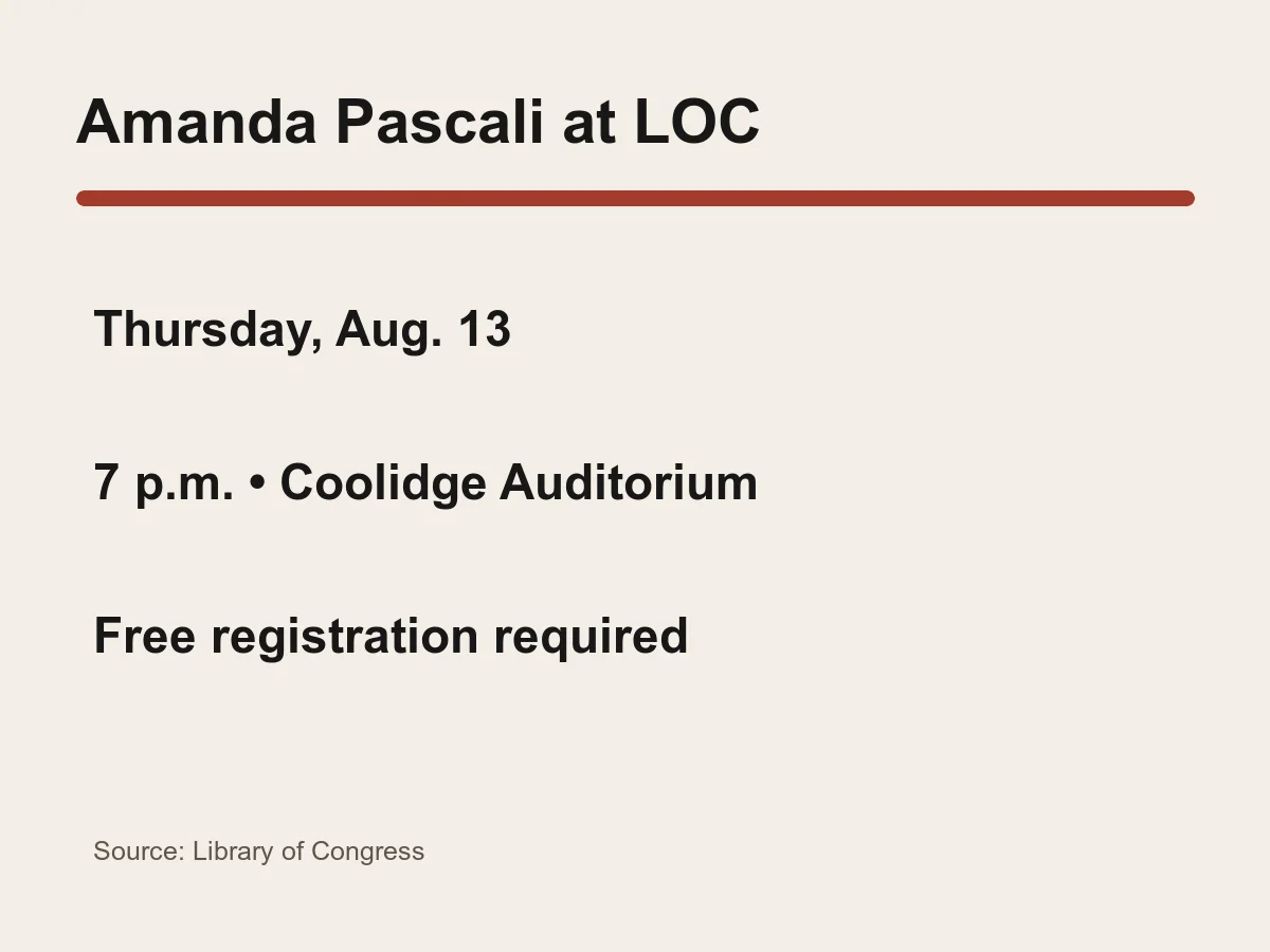 Graphic lists Amanda Pascali, Aug. 13 at 7 p.m., Coolidge Auditorium and free registration.