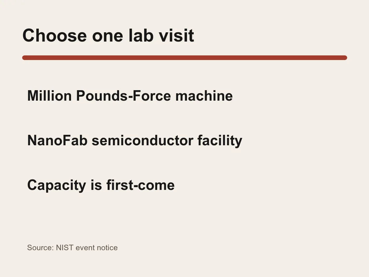 Graphic lists the Million Pounds-Force machine and NanoFab as the two tour choices.