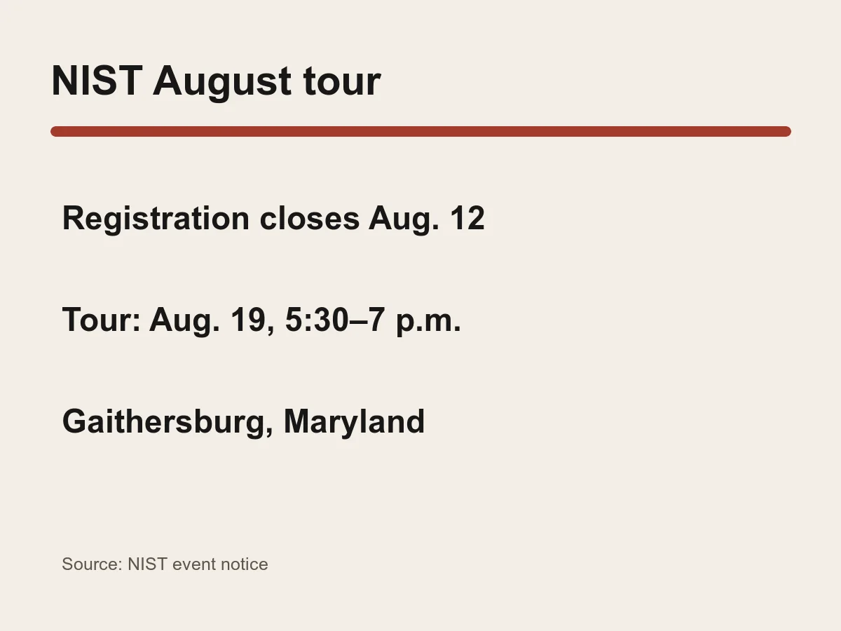 Graphic shows registration closes Aug. 12 and the NIST tour runs Aug. 19 from 5:30 to 7 p.m.