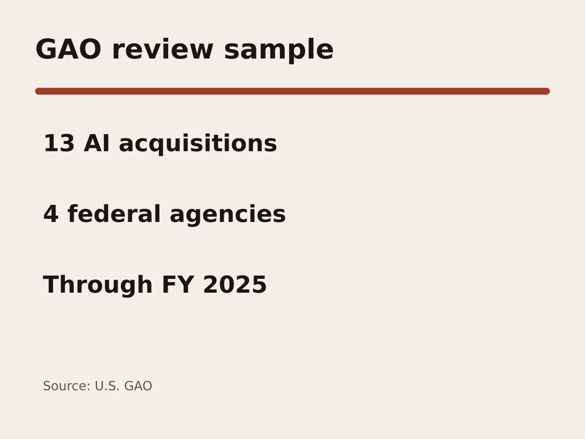 Graphic shows 13 AI acquisitions reviewed across four federal agencies.