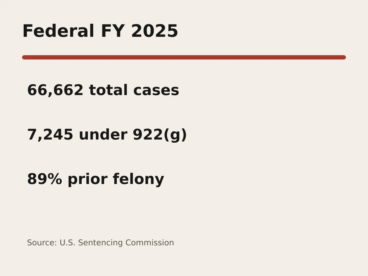 Graphic shows 7,245 Section 922(g) cases out of 66,662 federal cases in fiscal 2025.