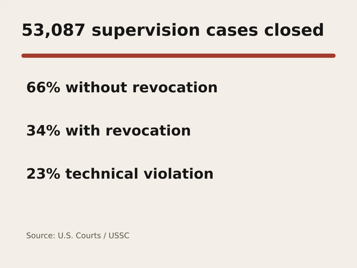 Graphic shows 66 percent of supervision cases closed without revocation and 34 percent with revocation.