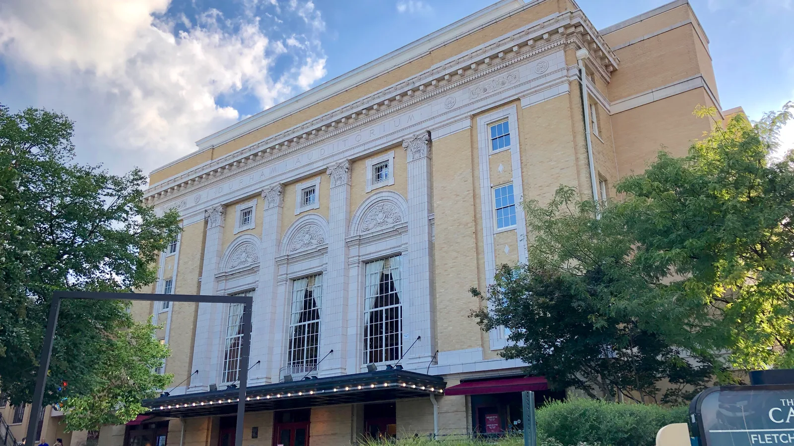 Carolina Theatre marquee and brick facade in downtown Durham.