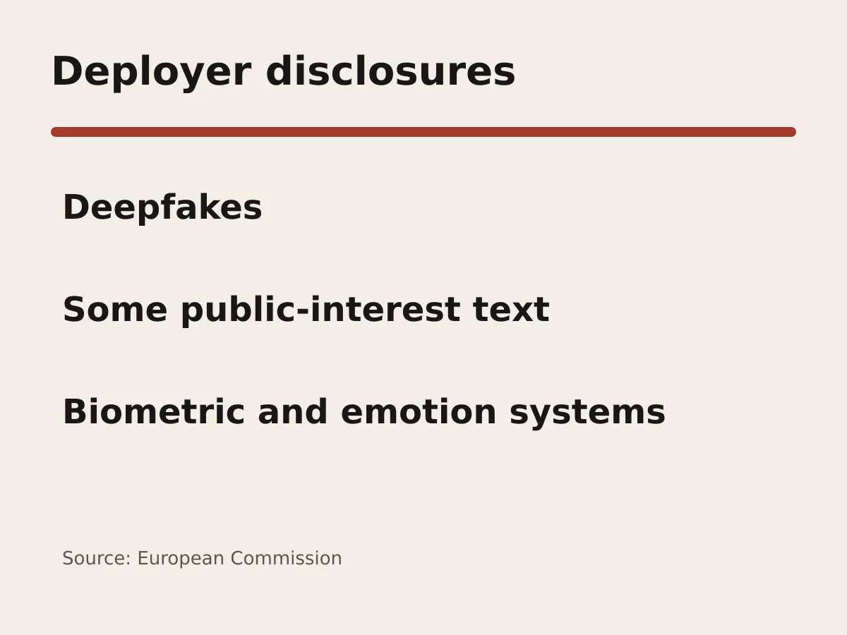 Graphic lists deepfakes, public-interest text and biometric systems as deployer disclosure areas.