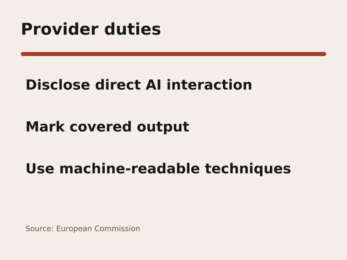 Graphic lists direct-interaction notice and machine-readable marking as provider duties.