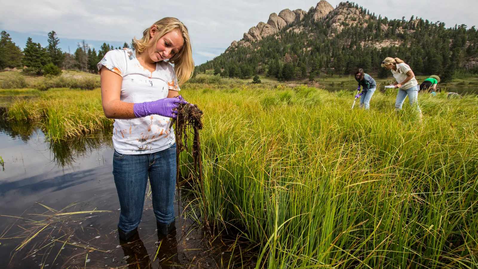 Citizen scientist kneeling beside field equipment while sampling outdoors in a mountain landscape.