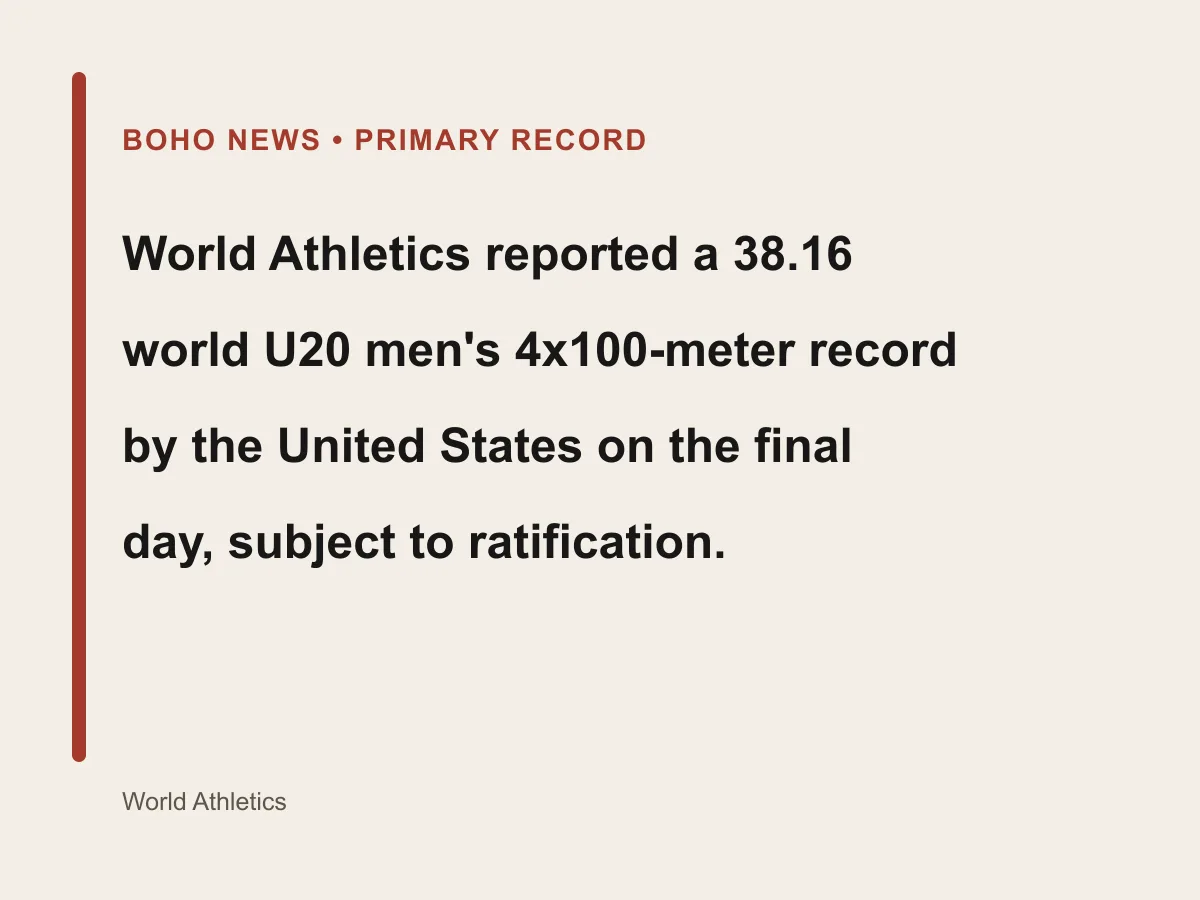 Graphic shows the United States under-20 4x100-meter time of 38.16 seconds pending ratification.