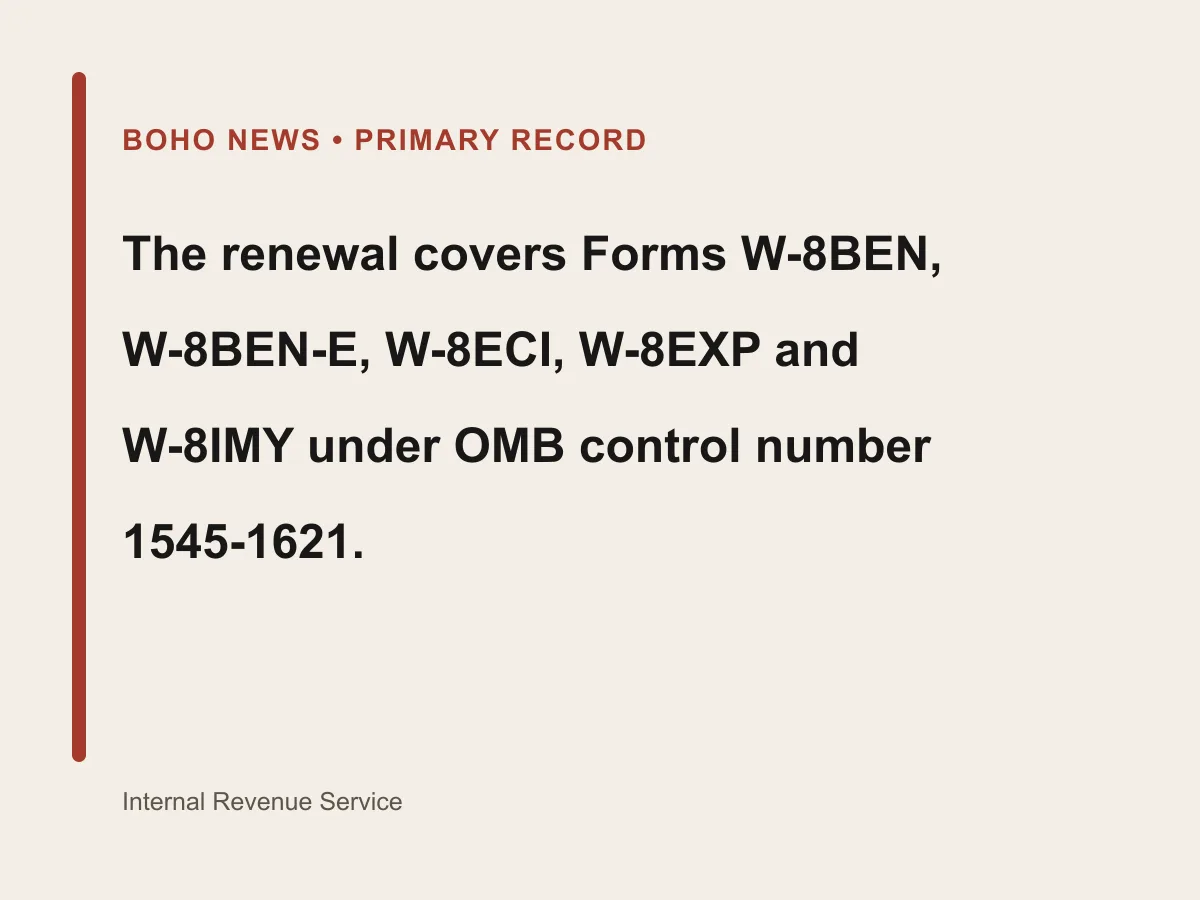Graphic lists five W-8 forms covered by the IRS information-collection renewal.