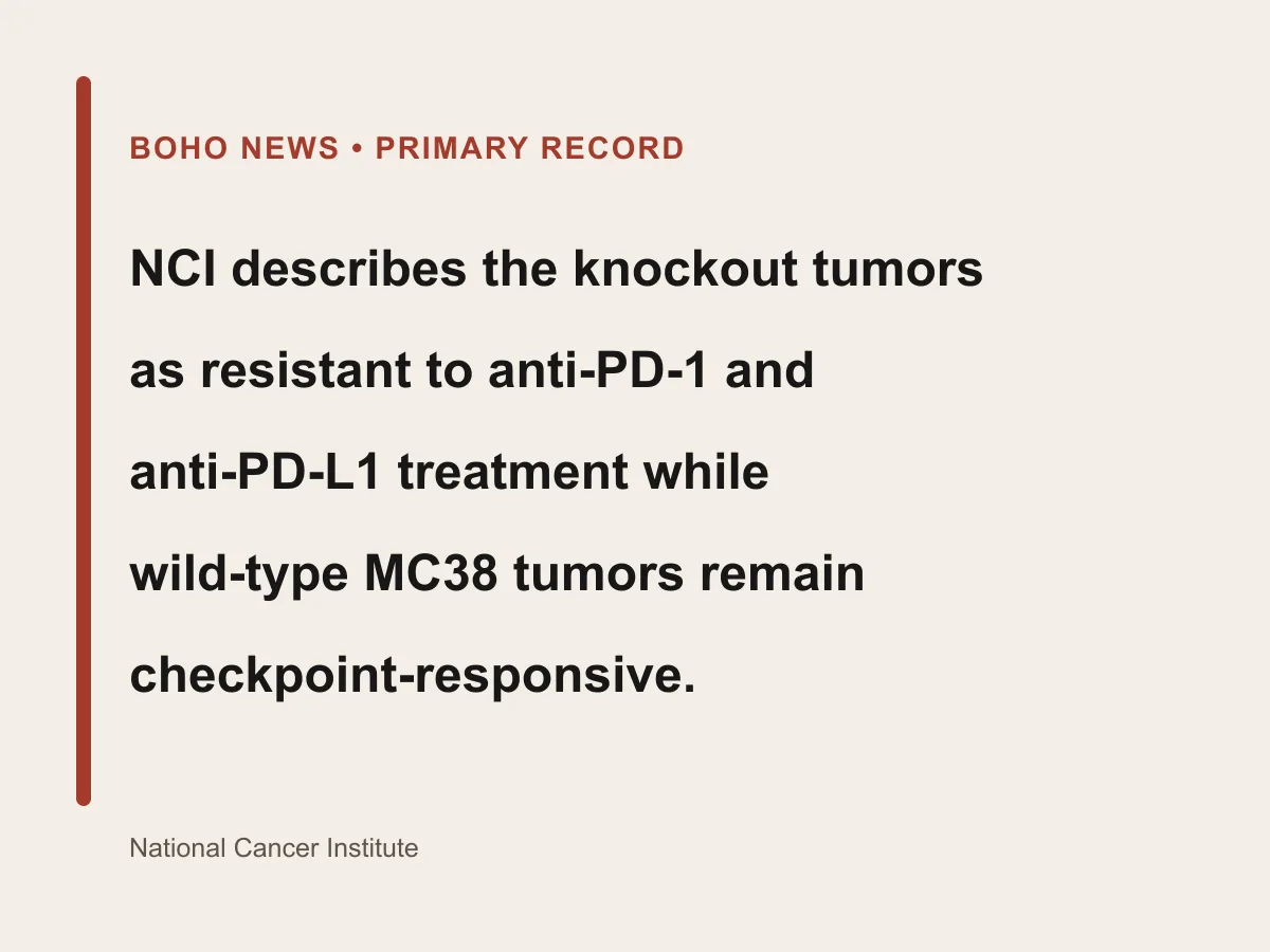 Graphic contrasts checkpoint-resistant B2m knockout tumors with responsive wild-type MC38 tumors.