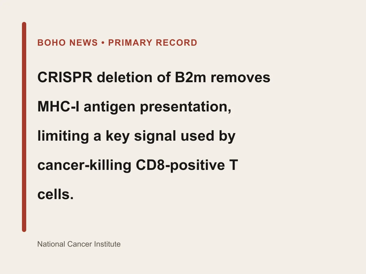 Graphic links B2m deletion to loss of MHC-I antigen presentation and reduced T-cell recognition.
