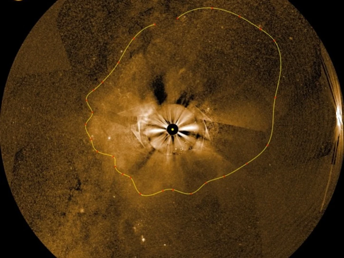 A circular gold-toned all-sky PUNCH image shows a coronal mass ejection with a yellow line tracing its leading edge.