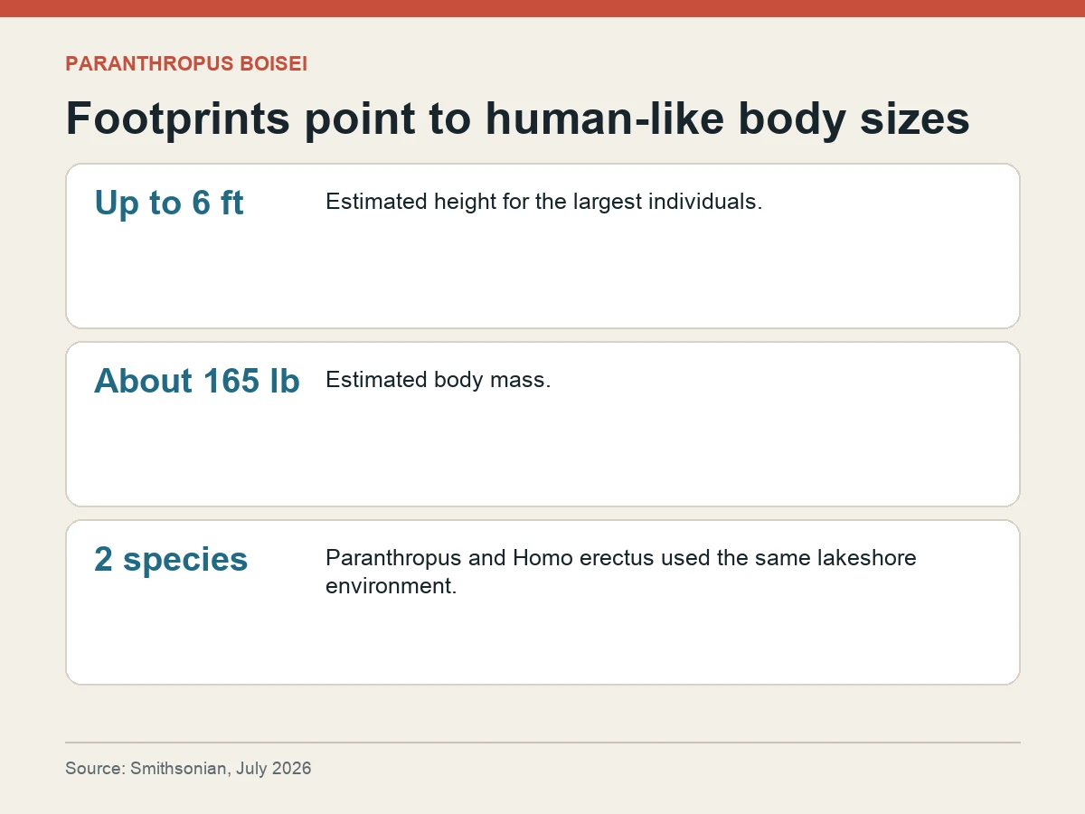 Graphic shows footprint-based estimates up to six feet and about 165 pounds and notes two hominin species shared the lakeshore environment.