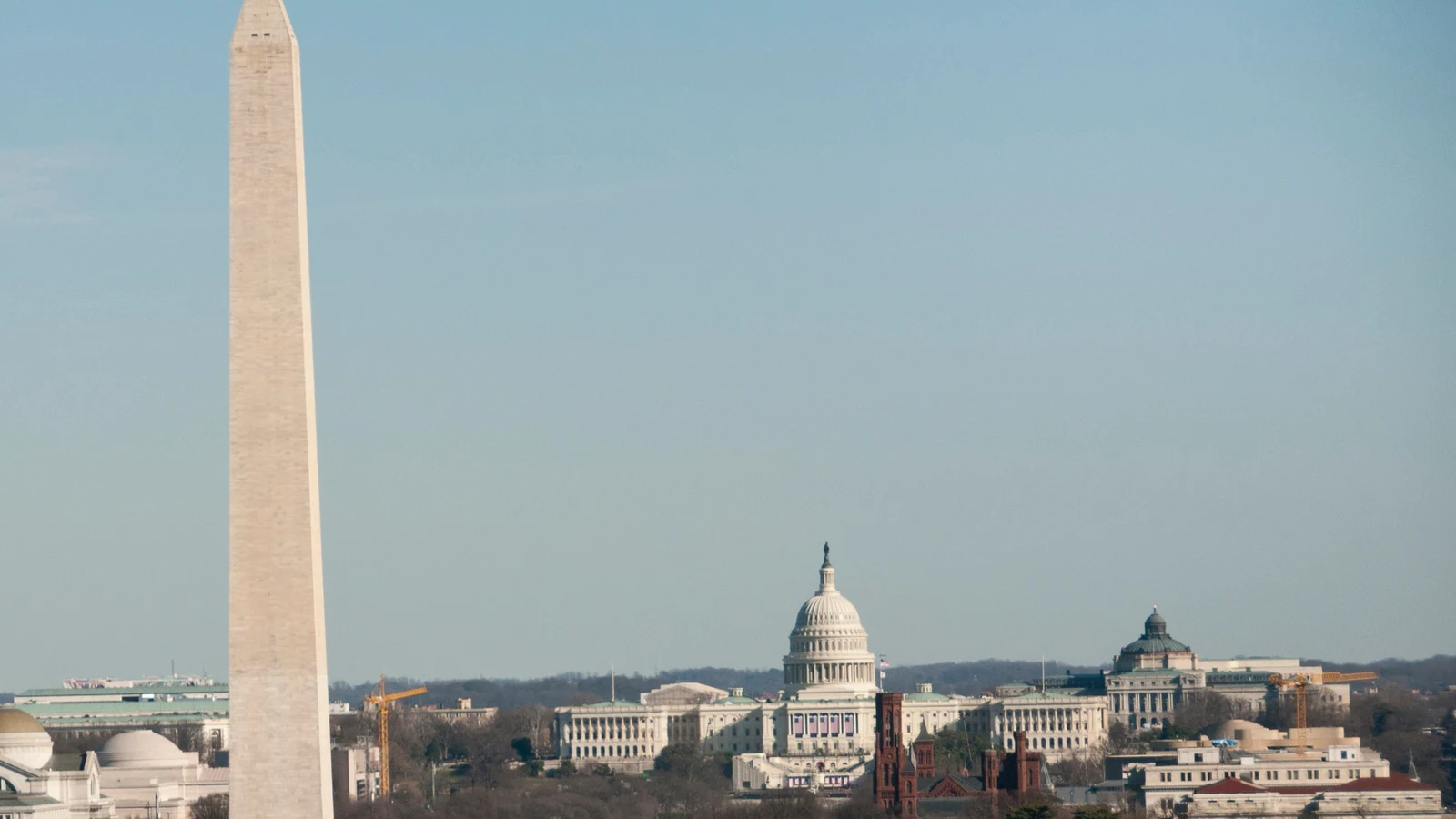 An aerial view looks east across the National Mall in Washington.