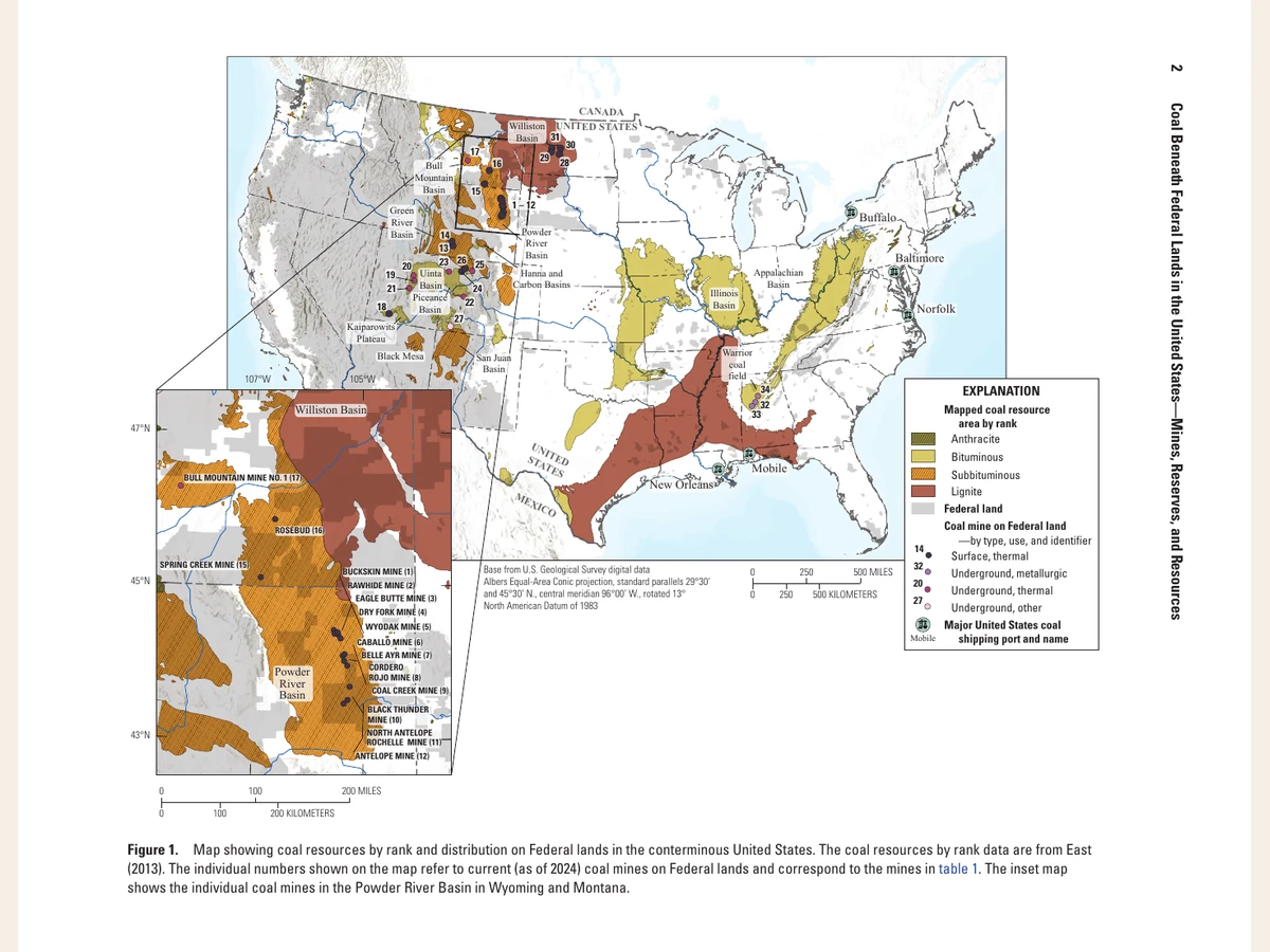 USGS map of coal-resource areas, federal lands and current coal mines across the contiguous United States.